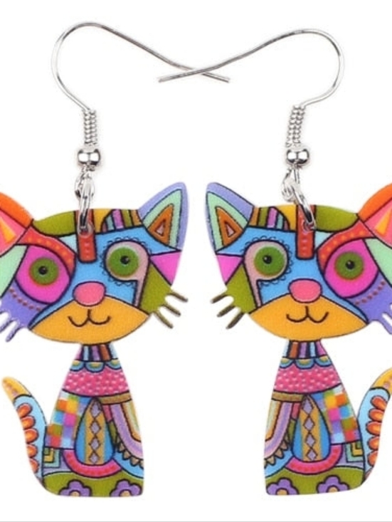 Handmade Jewelry - Whimsical Multicolor Cat Dangle Earrings